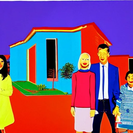 Image similar to A typical suburban family, who are hiding deep and dark secrets, Pop Art painting by David Hockney