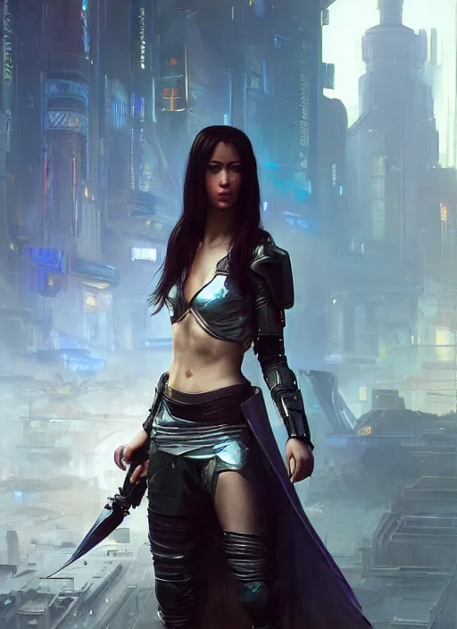 Image similar to Cyberpunk swordswoman in futuristic clothes (blade runner 2049, cyberpunk 2077). Orientalist portrait by john william waterhouse and James Gurney and Theodore Ralli and Nasreddine Dinet, oil on canvas. Cinematic, hyper realism, realistic proportions, dramatic lighting, high detail 4k