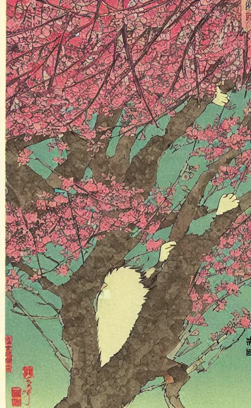 Prompt: by akio watanabe, manga art, colorful maku tend cherry tree, trading card front, kimono, sun in the background