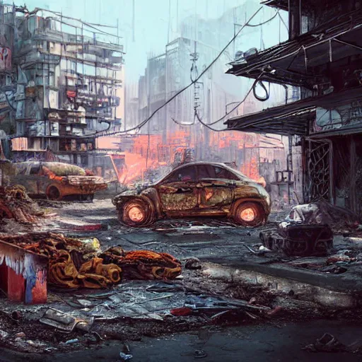 Image similar to hyperrealistic matte painting of a wasteland leftover from nuclear cataclysm, survivors cooking rats over a trashcan fire, intricate detail, complex, long street, cyberpunk buildings, graffiti, cyberpunk ads, 8 k resolution, technological, endless street, by hugh ferris, by noriyoshi ohrai, cyberpunk style, smooth, octane, concept art, trending on artstation