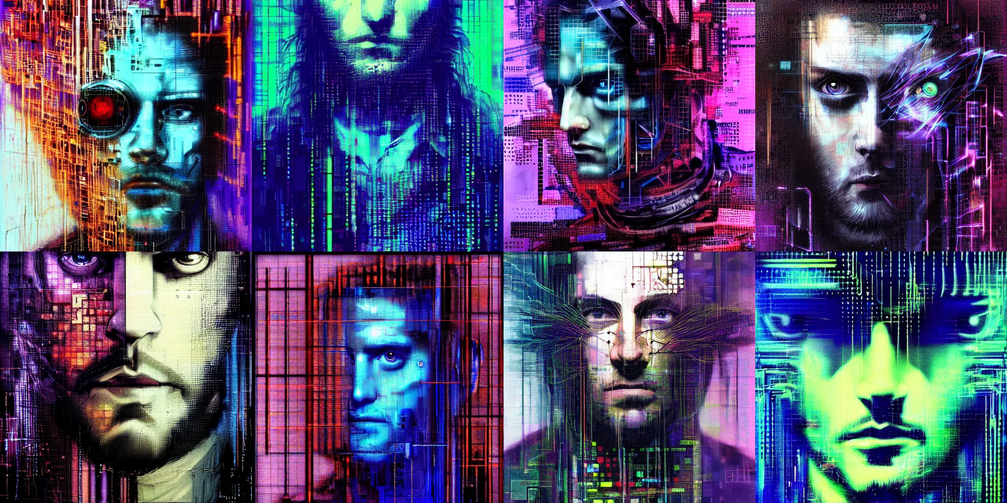 Prompt: hyperrealistic portrait of a cyberpunk man, long hair, cyberspace, by Guy Denning, Johannes Itten, Russ Mills, glitch art, hacking effects, glitch effects, digital tech effects, cybernetics, detailed lines, chromatic, color blocking!, oil on canvas, highly detailed, front view, symmetrical, octane, concept art, abstract, blue and violet, artistic, 8k, cinematic, trending on artstation