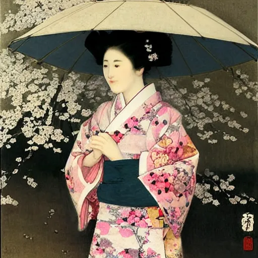 Image similar to A beautiful conceptual art of a young woman in a traditional kimono, with a background of sakura blossoms. by Giuseppe de Nittis rigorous, balmy