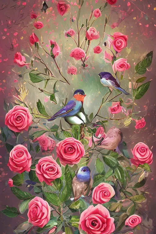 Image similar to beautiful digital matter cinematic painting of whimsical botanical illustration of roses and birds whimsical by greg rutkowki and alena aenami artstation