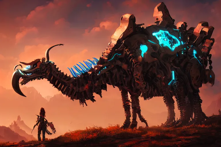 Image similar to grimhorn fanghorn machine mecanical creature robot of horizon forbidden west horizon zero dawn bioluminiscence global illumination ray tracing hdr fanart arstation by ian pesty and alena aenami artworks in 4 k