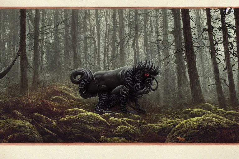 Image similar to dark demon beast with tentacles in a swedish forest, very low angle photograph, very detailed, trending on artstation, realistic, soft colors, illustration by john bauer, simon stålenhag, horror, creepy