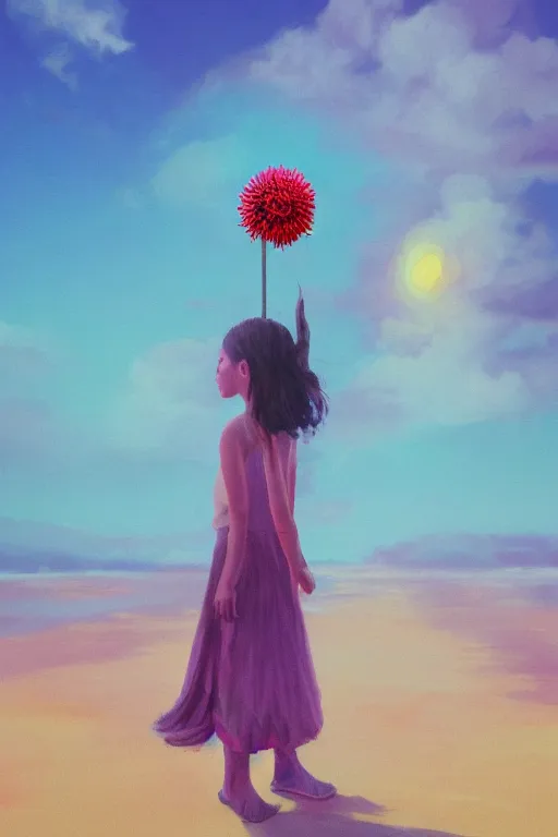 Image similar to closeup giant dahlia flower head, girl standing on beach, surreal photography, blue sky, sunrise, dramatic light, impressionist painting, digital painting, artstation, simon stalenhag