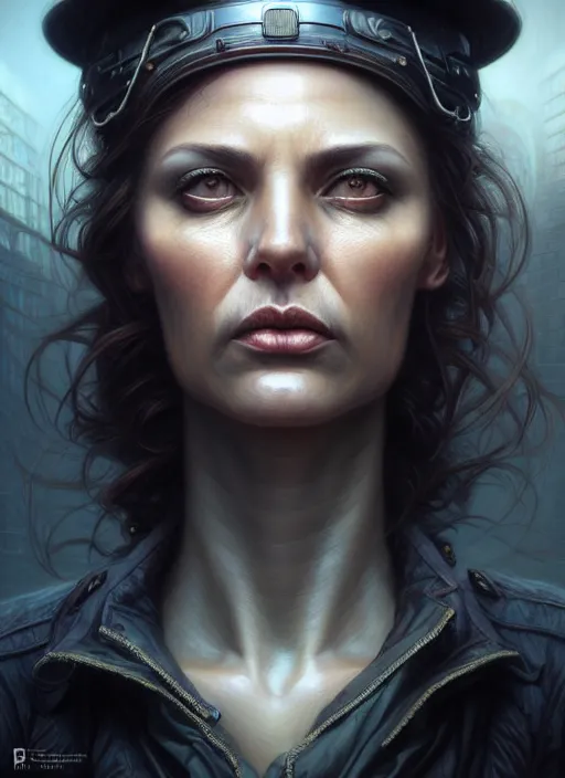 Image similar to closeup portrait shot of a detective in a scenic dystopian environment, intricate, elegant, highly detailed, centered, digital painting, artstation, concept art, smooth, sharp focus, illustration, artgerm, tomasz alen kopera, peter mohrbacher, donato giancola, joseph christian leyendecker, wlop, boris vallejo