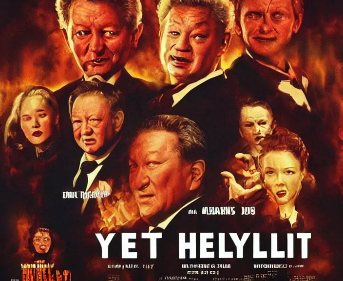 Prompt: poster for the blockbuster movie yeltsin went to hell, infernal art in good quality, scary picture in color, advanced lighting technology