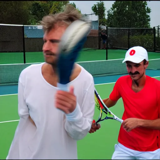 Prompt: jacques the ripper playing tennis with super mario