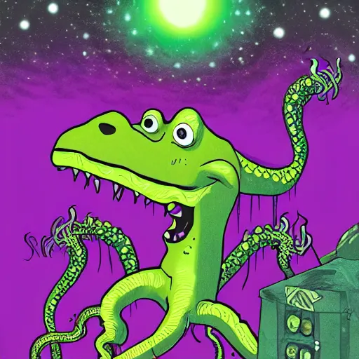 Prompt: Barney the Dinosaur, cosmic horror, Eldritch horror, evil, creepy, tentacles