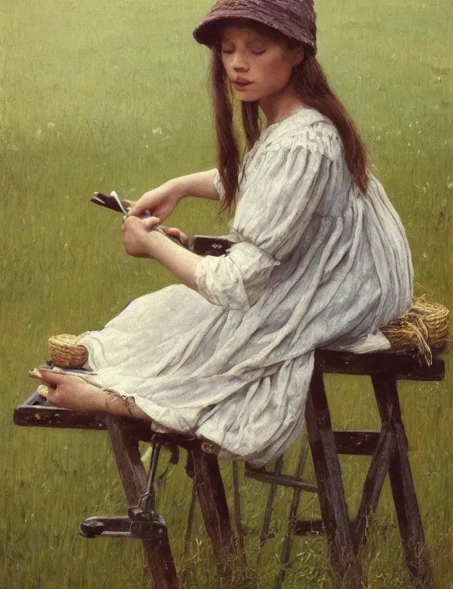 Prompt: peasant girl sitting on a grass and drawing on a canvas on an easel , Cottage core, Cinematic focus, Polaroid photo, vintage, neutral colors, soft lights, foggy, by Steve Hanks, by Serov Valentin, by Andrei Tarkovsky, 8k render, detailed, oil on canvas