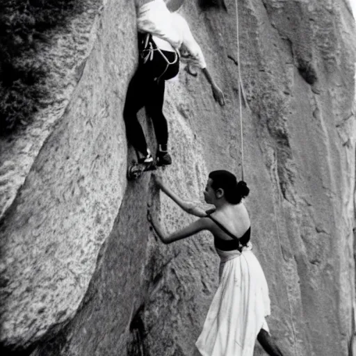 Image similar to a vintage photo of Frida kahlo rock climbing and wearing a wedding dress, 8k