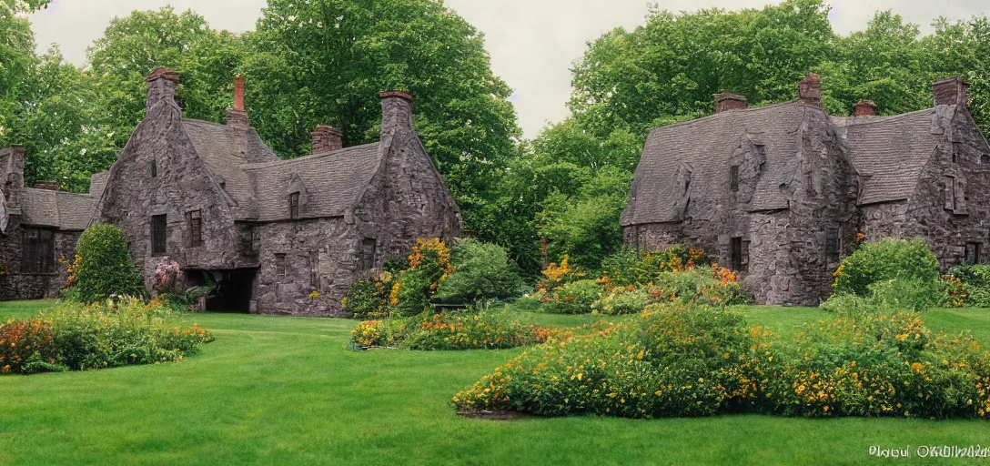 Prompt: scottish blackhouse mansion designed by daniel burnham. outdoor landscaping designed by fredrick law olmsted. fujinon premista 1 9 - 4 5 mm t 2. 9. portra 8 0 0.