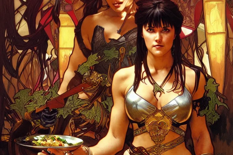 Image similar to xena warrior princess eating at a restaurant art by artgerm and greg rutkowski and alphonse mucha