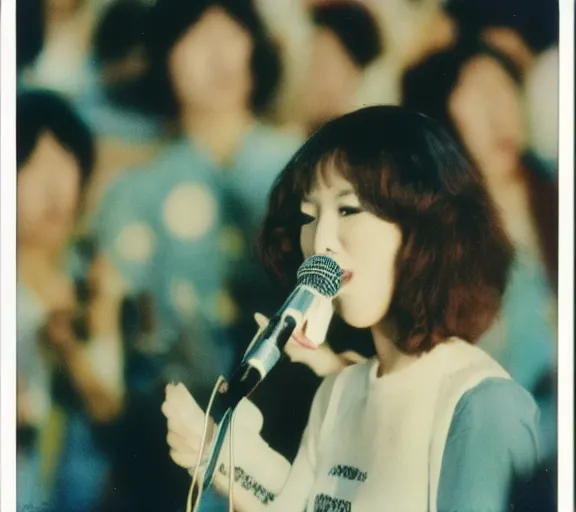 Image similar to polaroid photo of singer singing in an japan 1 9 8 0 pop big concert, photo by louise dahl - wolfe, color photo, colored