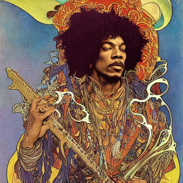 Image similar to artwork by Franklin Booth and Alphonse Mucha and Edmund Dulac showing a portrait of Jimi Hendrix as a futuristic space shaman, futuristic electric guitar