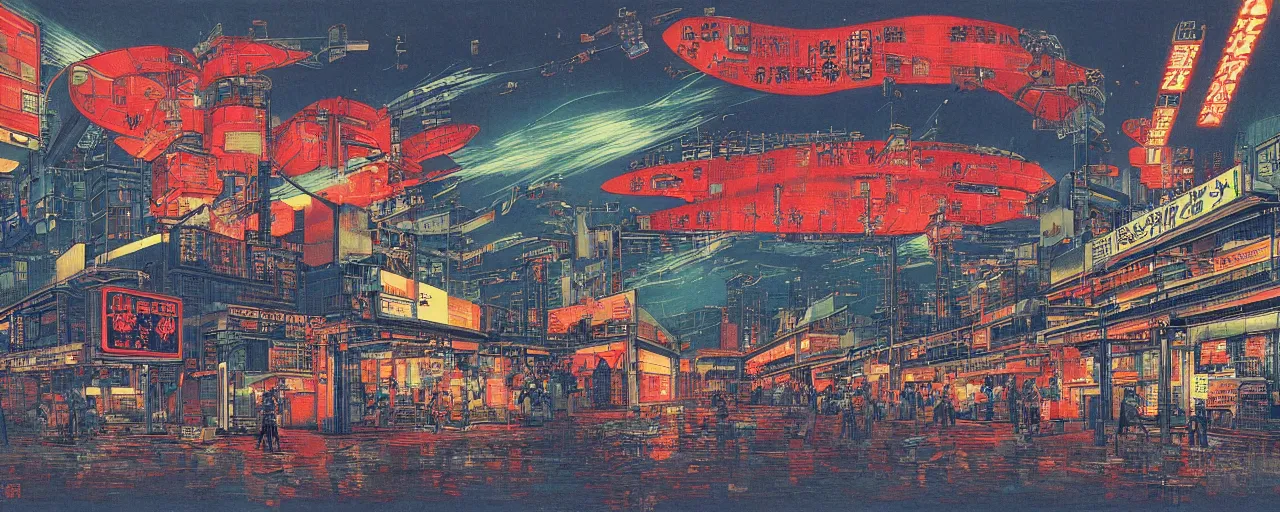 Prompt: factory exploding at night in the center of a futuristic sci-fi asian city, signboards, neon lights, blade runned color palette, by Yasunari Ikenaga, Yamato, Macross