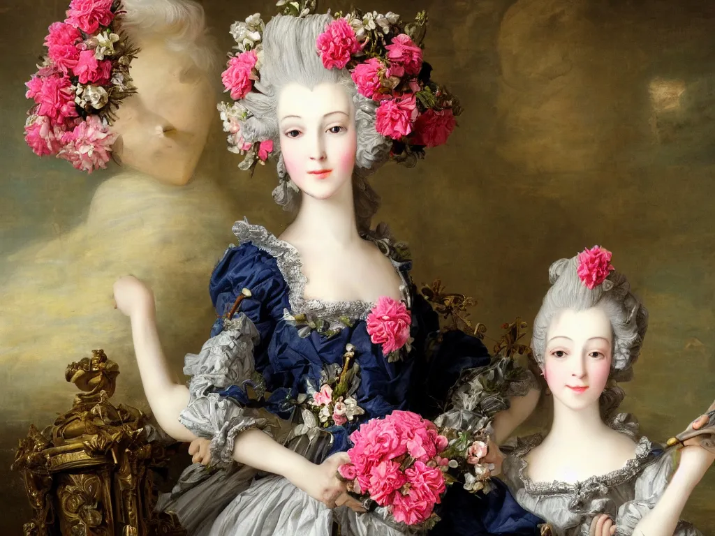 Prompt: robotic mechanic marie antoinette beautiful young woman with baroque wig with flowers,