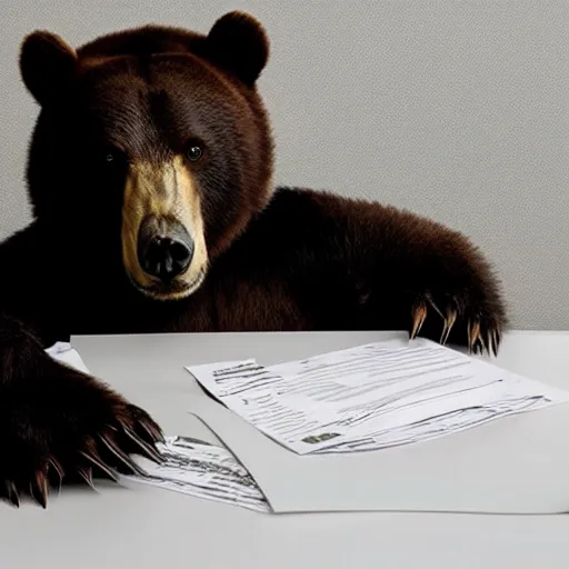 Image similar to bored bear at office, head leaning on paw with elbow on table, piles of paperwork