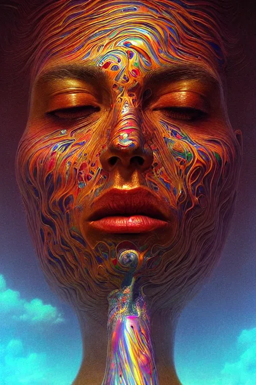 Image similar to hyperrealistic close-up baroque psychedelic!! celestial organic thing!! peaceful kind spirit of nature highly detailed concept art eric zener elson peter cinematic hard rainbow lighting high angle hd 8k sharp shallow depth of field, inspired by Zdzisław Beksiński