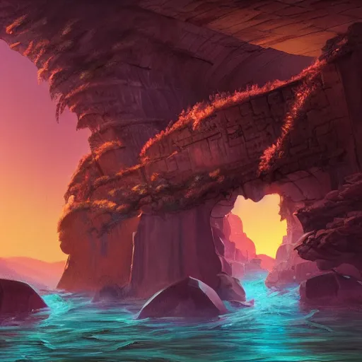 Prompt: ancient ruins in a canyon, retrowave epic art, trending on art station