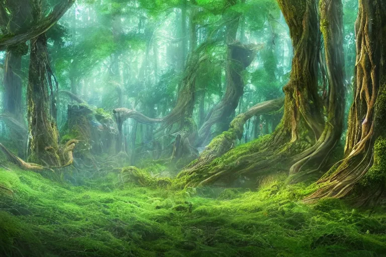 Image similar to magical forest forest, ghibli studio, cellshaded, nausicaa anime style hyper realistic, mossy tangled trees, ambient lighting, concept art, intricate, hyper detailed, smooth, dynamic volumetric lighting, octane, raytrace, cinematic, high quality, high resolution, 4 k, cgsociety, rutkowski, gurney