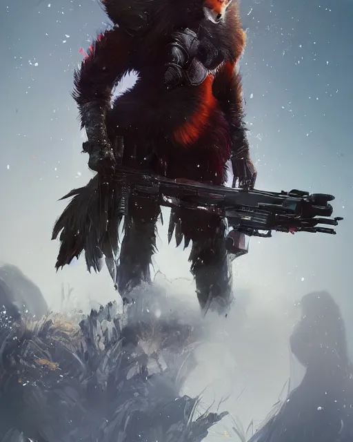 Image similar to beautiful portrait of a handsome black male anthropomorphic wolf fursona red hair, long red hair wearing destiny 2 armor and holding a sniper rifle. character design by cory loftis, fenghua zhong, ryohei hase, ismail inceoglu and ruan jia. artstation, volumetric light, highly detailed, photorealistic, fantasy, rendered in octane