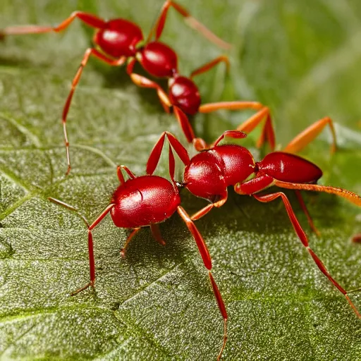 Prompt: national geographic photography, high contrast of 2 red ants fighting on leaves
