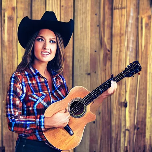 Prompt: a female fox animal, wearing cowboy hat, wearing plaid shirt, playing guitar, inside a barn, album cover style