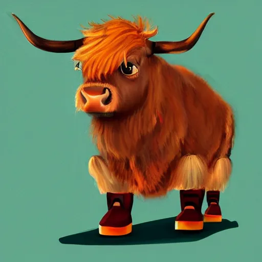 Prompt: a highland cow wearing roller skates, concept art, artstation, cinematic