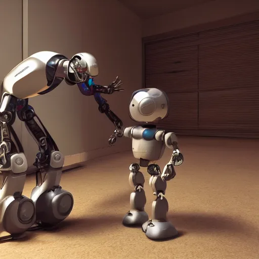 Prompt: fantastic realism comic book style photo of a robot gives a toy to a child, concept art, unreal 5, render,