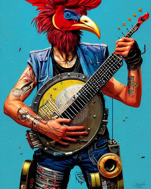 Image similar to a portrait of an anthropomorphic cyberpunk rooster shredding a banjo by sandra chevrier, by jon foster, detailed render, tape deck, epic composition, cybernetics, 4 k realistic, cryengine, realistic shaded lighting, sharp focus, masterpiece, by enki bilal