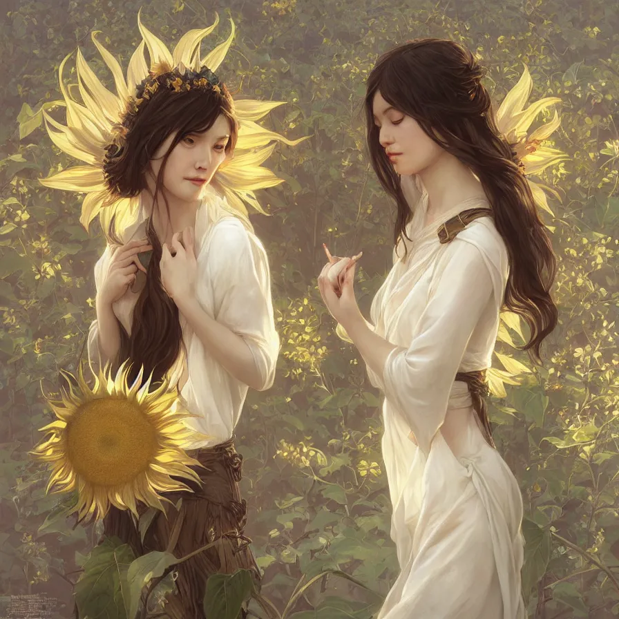 Prompt: portrait of white sunflower goddess with east-asian facial features, highly detailed, digital painting, artstation, concept art, sharp focus, illustration, art by artgerm and greg rutkowski and alphonse mucha