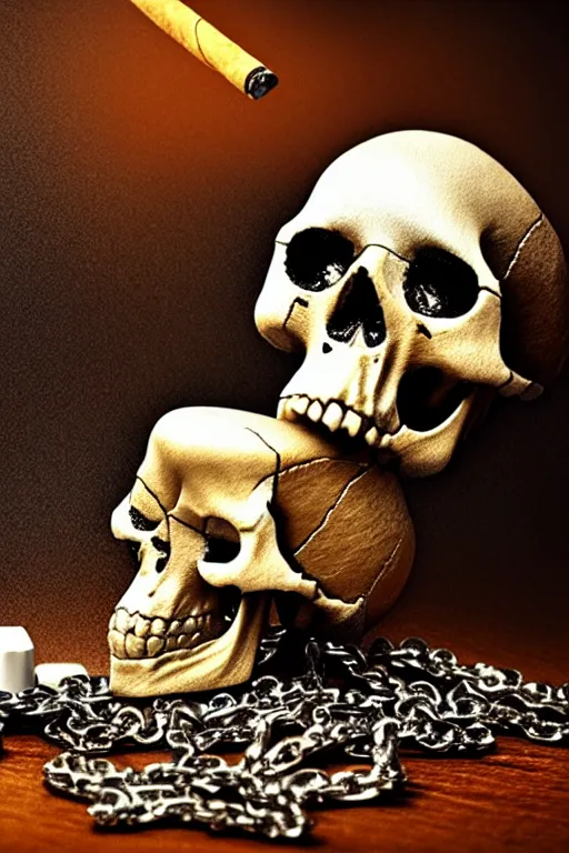 Image similar to pile Off pills, drugs, cigarrette boxes and a skull on a wooden table, skull made out of smoke coming out of pills, fantasy, intricate, elegant, highly detailed, digital painting, artstation, concept art, addiction, chains, smooth, sharp focus, illustration, art by Ilja Repin