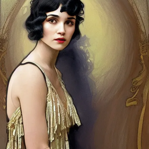 Image similar to full figure ultra realistic illustration, aurora perrineau wearing a 1 9 2 0 s flapper dress, 1 9 2 0 s hair, 1 9 2 0 s brooklyn, intricate, elegant, highly detailed, digital painting, artstation, concept art, smooth, sharp focus, illustration, art by artgerm and greg rutkowski and alphonse mucha