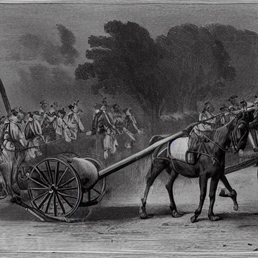 Prompt: a horse pulling a canon. the canon is harnessed to the horse and towed. the canon has a long barrel