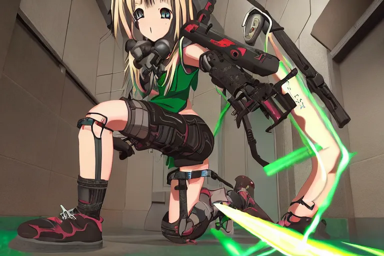 Prompt: an anime girl in a screenshot of the video game doom, the anime girl is crouching