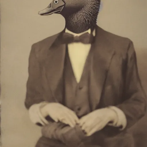 Image similar to a high detail photo of a man with a duck's head wearing a suit, photorealism
