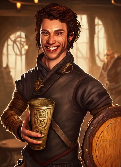 Image similar to An epic fantasy comic book style portrait painting of a handsome young man with brown wavey hair, wearing thief clothing in a tavern and smiling with a wooden tankard in hand, unreal 5, DAZ, hyperrealistic, octane render, cosplay, RPG portrait, dynamic lighting