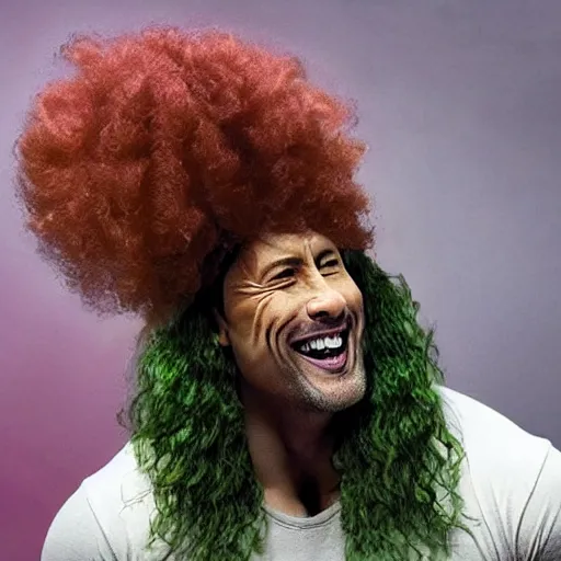 Image similar to dwayne johnson with a curly green wig, twirling his hair and laughing hysterically