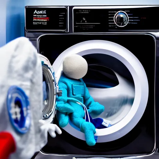 Image similar to Photograph of a terrified toy astronaut being washed in a washing machine. 8k resolution.