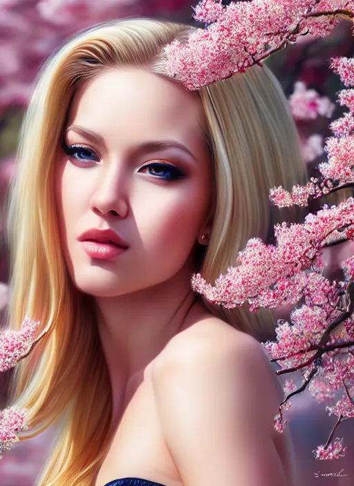 Image similar to photo of a gorgeous blonde female in the style of stefan kostic, realistic, half body shot, sharp focus, 8 k high definition, insanely detailed, intricate, elegant, art by stanley lau and artgerm, extreme blur cherry blossoms background