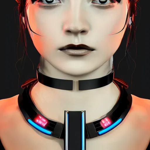 Image similar to headshot artwork of a cyberpunk woman wearing thick steel choker around neck, 4K, detailed face, collar on neck, realistic, artstation, neon,