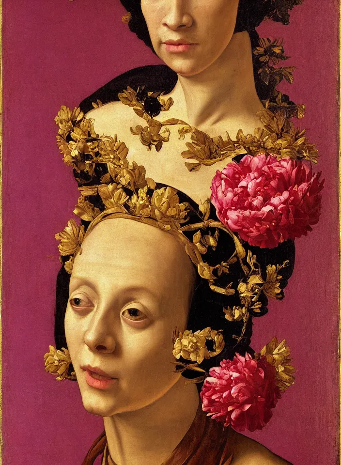 Image similar to portrait of a woman with a golden skull instead of a head with a big crown and in a dress of big purple peony petals, oil painting in a renaissance style , very detailed, red background, painted by Caravaggio.