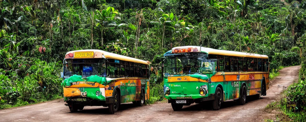 Prompt: a bus in colombia jungle road