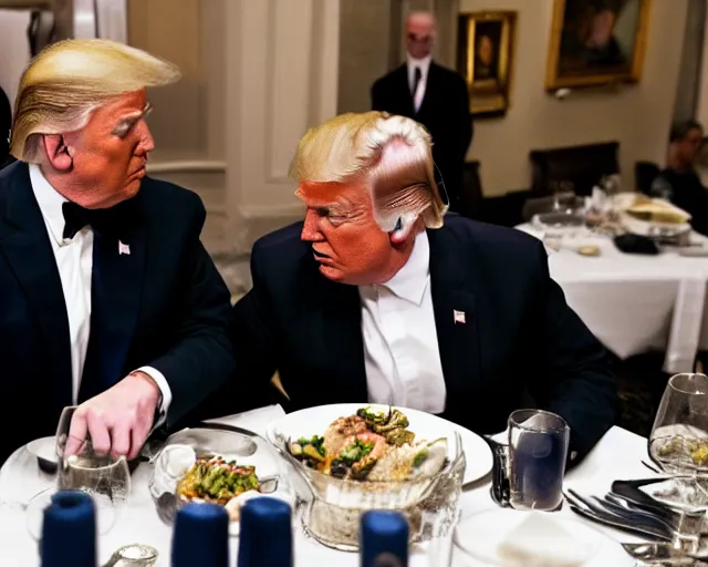 Image similar to Trump and Biden having dinner at a fancy Greek restaurant, award winning cinematic photography, 50 mm, blurred background, trending on twitter