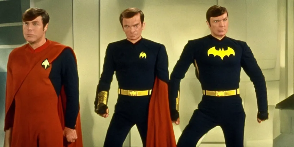 Image similar to ((Batman)) in Starfleet!!! uniform, in the role of Captain Kirk in a scene from Star Trek the original series