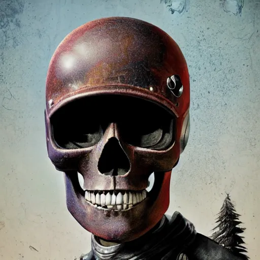 Image similar to a portrait of an anthropomorphic vintage skull in a racing helmet by sandra chevrier, detailed render, epic composition, cybernetics, 4 k realistic, cryengine, realistic shaded lighting, sharp focus, masterpiece, by matteo scalera, gary montalbano, peter elson in the style of the tokyo ghost comic