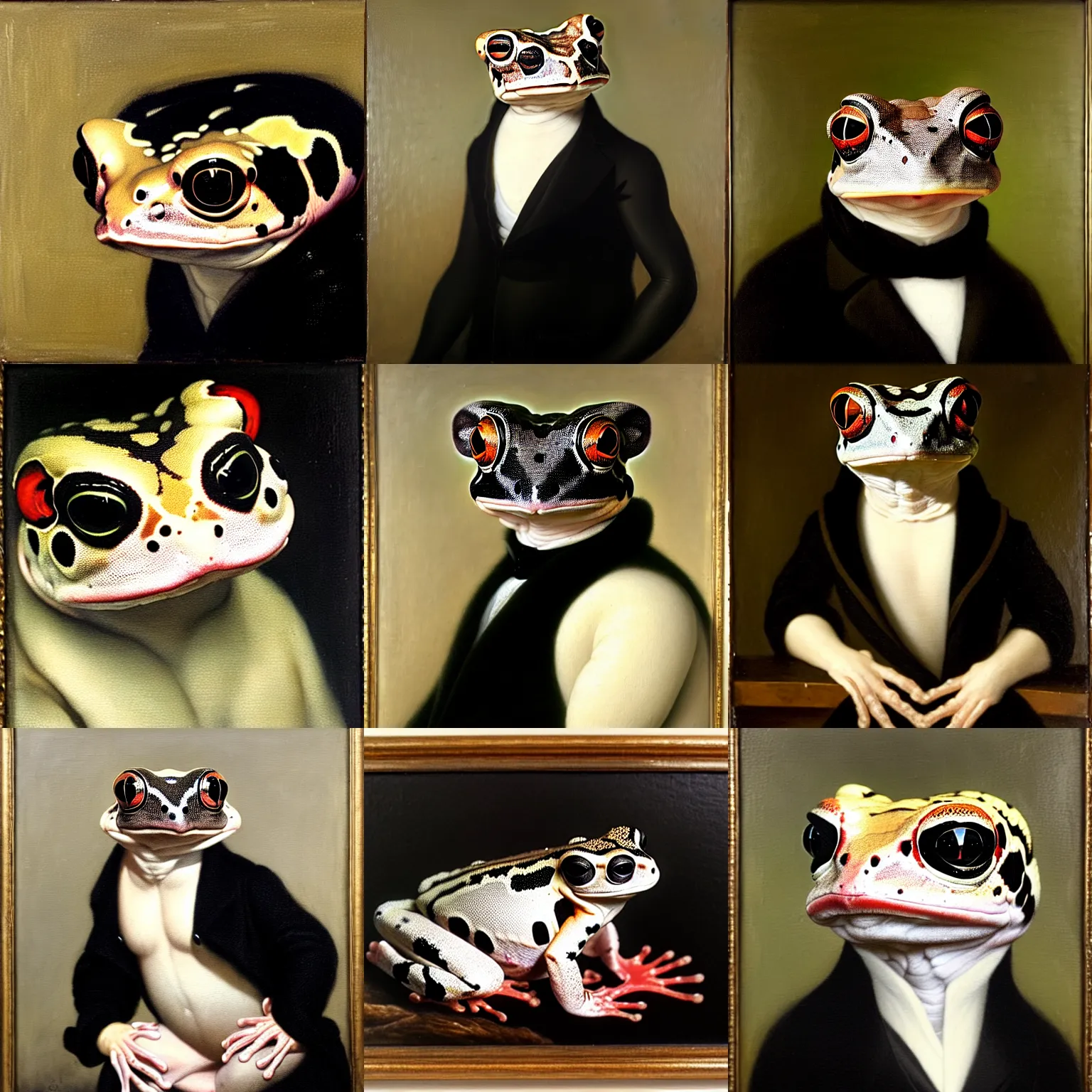 Prompt: a head - and - shoulders portrait of an amazon milk frog wearing a black coat with a white vest, an american romanticism painting, oil on canvas, cgsociety, soft focus