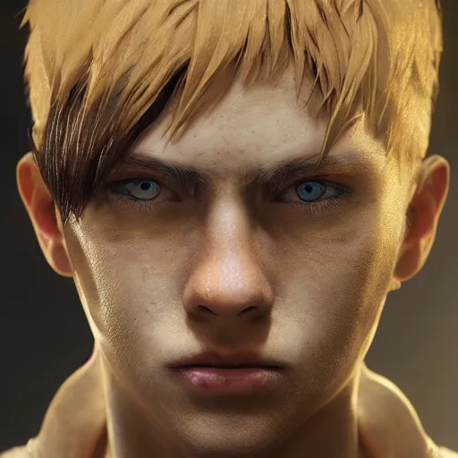 Prompt: eren yeager hyperrealistic mixed media image of leopoldo butters stotch, stunning 3 d render inspired art by greg rutkowski and xiang duan and thomas eakes, perfect facial symmetry, flesh texture, realistic, highly detailed attributes and atmosphere, dim volumetric cinematic lighting, 8 k octane detailed render, post - processing, masterpiece